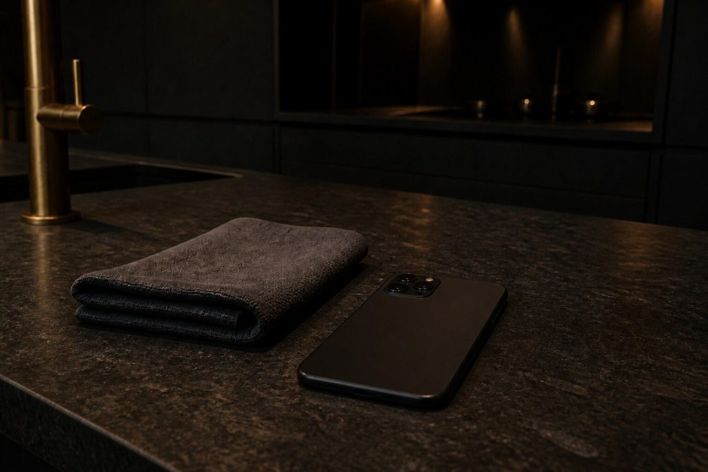 A dark stone worktop with a phone lying face down on it and a folded cloth beside it, warm low light, deep shadow behind.