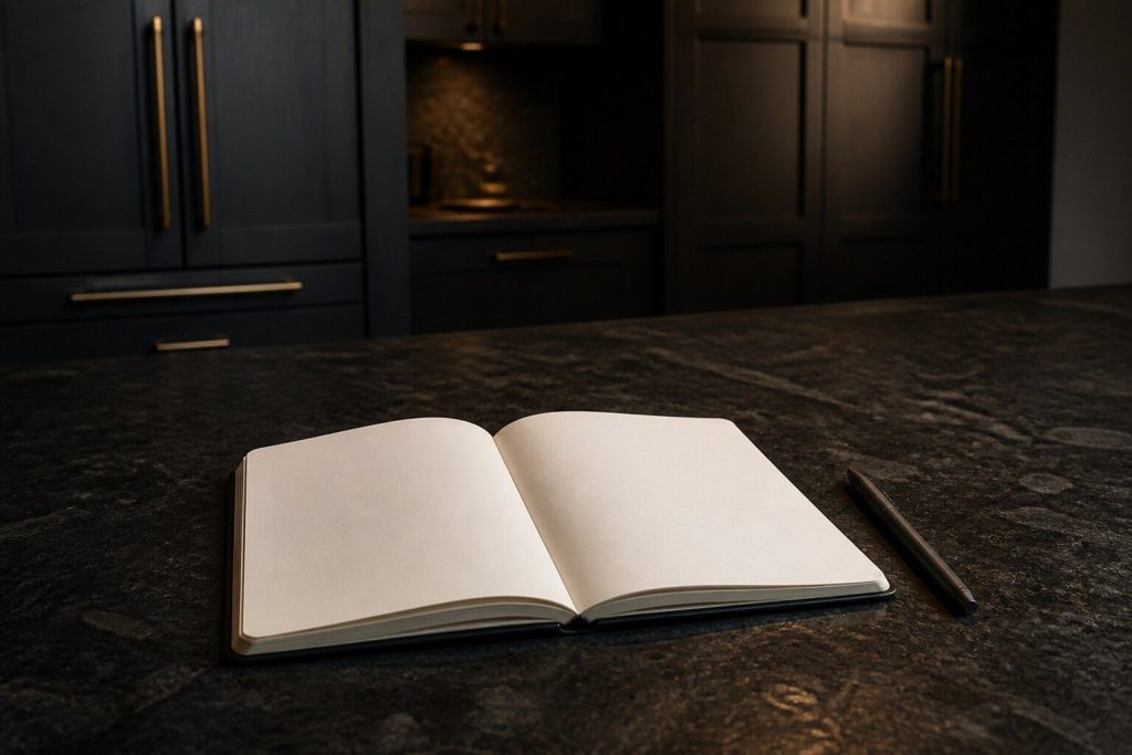 A blank notebook and a pen lying on a dark stone kitchen worktop in warm low light, deep shadow behind.