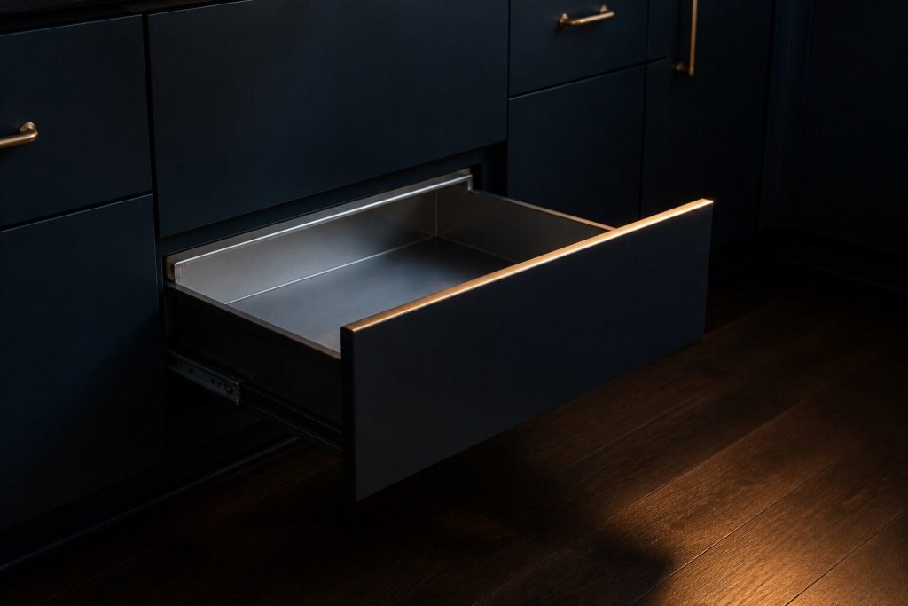 A partly open undercounter appliance drawer in dark cabinetry, empty and clean, warm low light along the drawer edge.