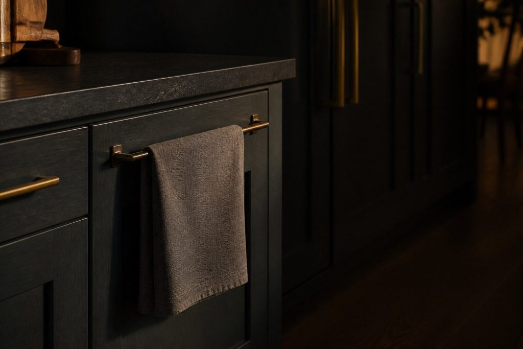 A dark kitchen worktop corner in warm low light with a folded tea towel over a rail and deep shadow beyond.