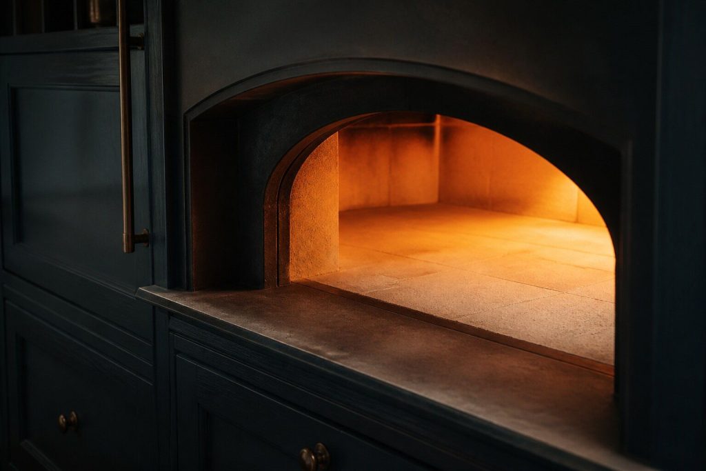 The open mouth of a built-in indoor hearth oven with a pale stone floor inside it, set into dark cabinetry, glowing warm from within against a dark kitchen.