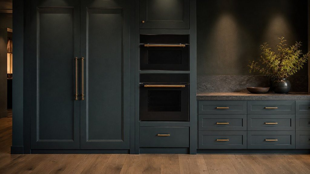 A wide dark kitchen showing a full wall of integrated appliances: a pair of tall flush panel-ready column doors on the left, a built-in oven stack in the middle, and an undercounter drawer unit on the right, all closed.