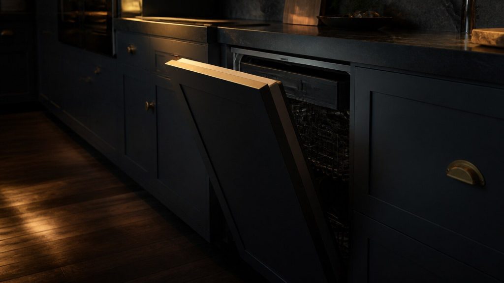 A wide dark kitchen with an integrated dishwasher door standing open at forty-five degrees, the top edge of the door facing upward toward the camera and catching warm light.
