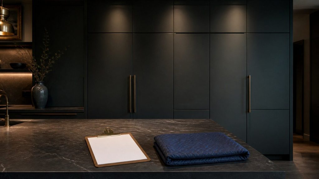 A wide dark kitchen with a clipboard and a folded protective blanket resting on the stone island in the foreground and a wall of closed integrated cabinetry behind, warm low evening light.