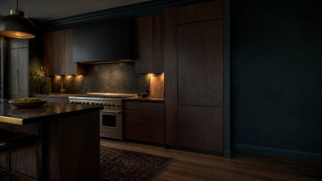 A wide view across a dark contemporary American kitchen in low warm evening light.