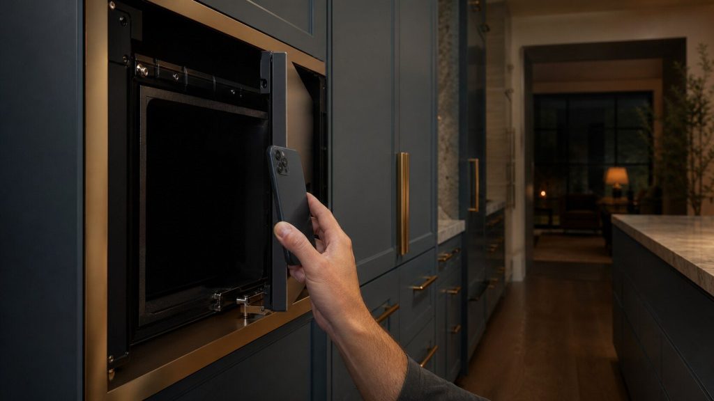A wide dark kitchen with the door of a built-in appliance standing open and a hand holding a phone up toward the inside edge of the door frame as if photographing something there.