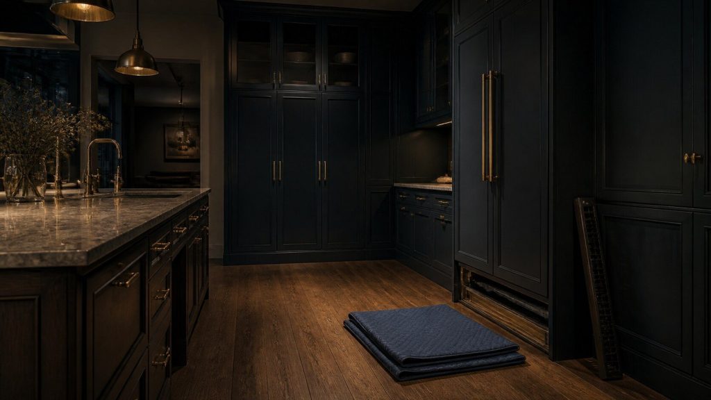 A wide dark kitchen with the lower grille panel of a tall built-in refrigerator removed and leaning against the cabinet beside it, a folded protective blanket on the floor in front.
