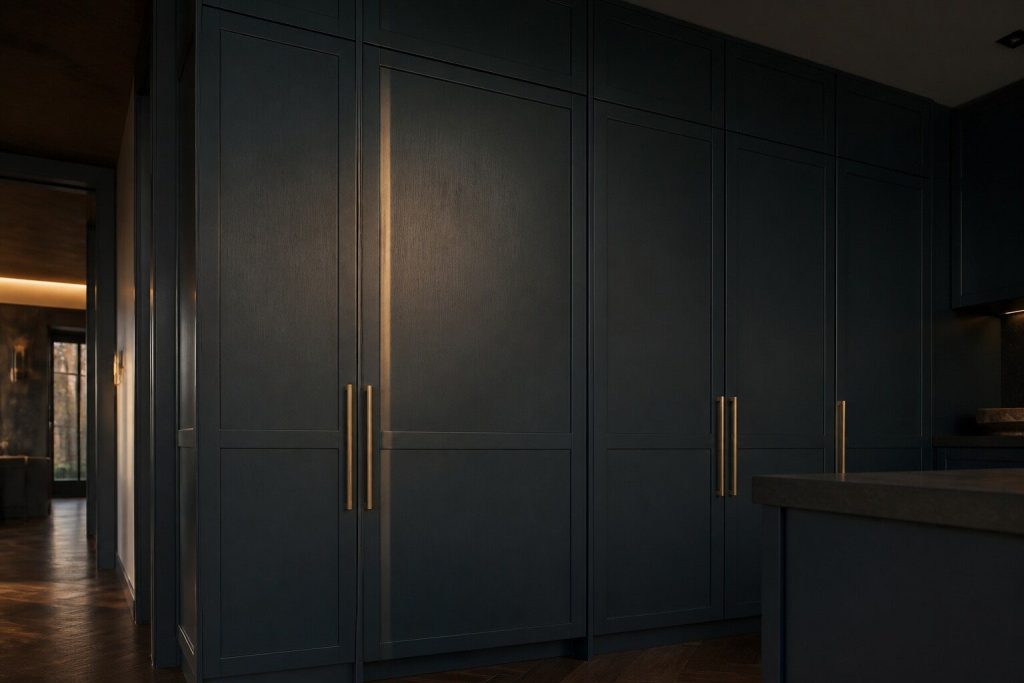 A tall integrated refrigeration column seen from a low angle, flush with a run of dark floor-to-ceiling cabinetry, so that the appliance and the joinery are indistinguishable.