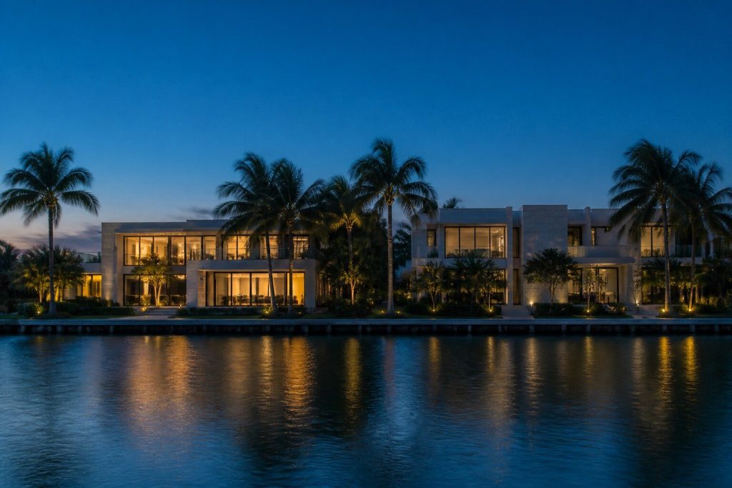 Modern white and pale stone houses seen from across still water in late evening light, palms along the far bank, warm interior lights beginning to show.