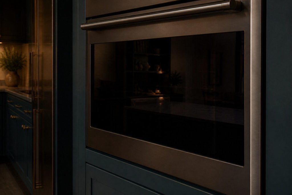 The front of a built-in wall oven in a dark kitchen, door closed, seen slightly from one side in warm low light, the glass reflecting the room.