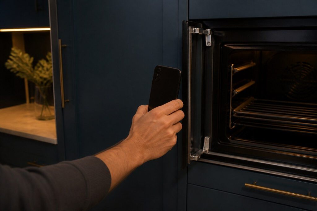 A hand holding a phone at arm's length in front of the open door of a built-in appliance in a dark kitchen, as if about to photograph the inside edge of the frame.