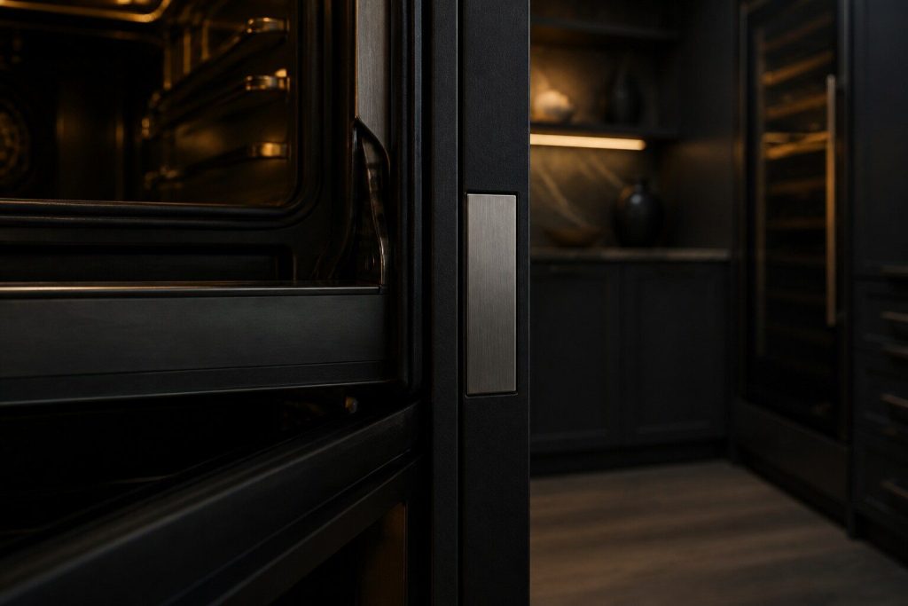 A close view along the inside edge of an open appliance door in a dark kitchen, showing a small blank metal plate mounted flush on the frame.