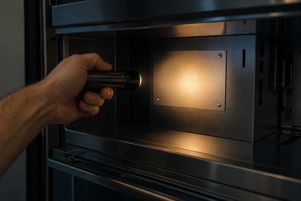 A hand holding a small torch inside the open compartment of a built-in appliance, the beam falling on a blank metal plate riveted to the side wall.