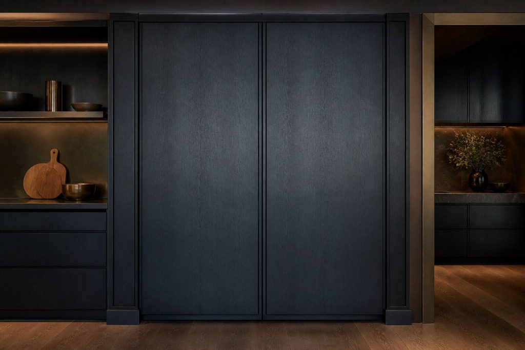 Two tall flush panel-ready column doors side by side in a dark kitchen, identical from the front, photographed straight on in warm low light so that nothing distinguishes one from the other.
