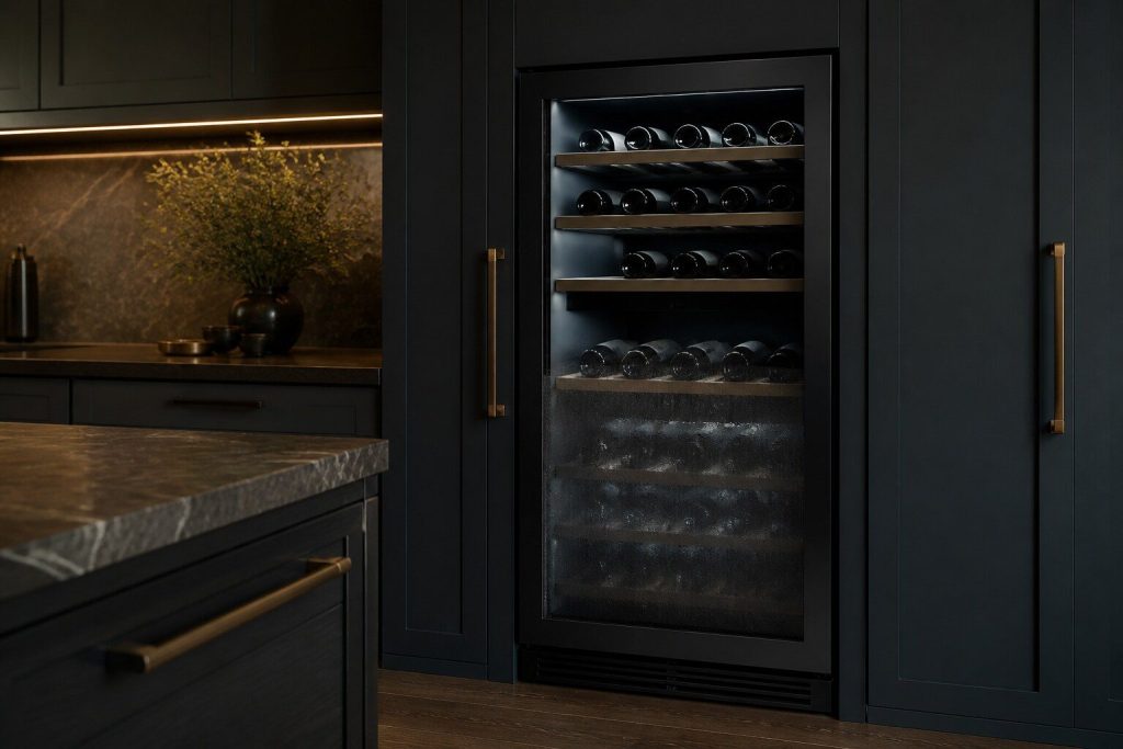 A built-in wine cabinet with a dark glass door set into dark cabinetry, bottles lying on shelves behind the glass, lit softly from inside so the glass shows a faint bloom of condensation across its lower half.