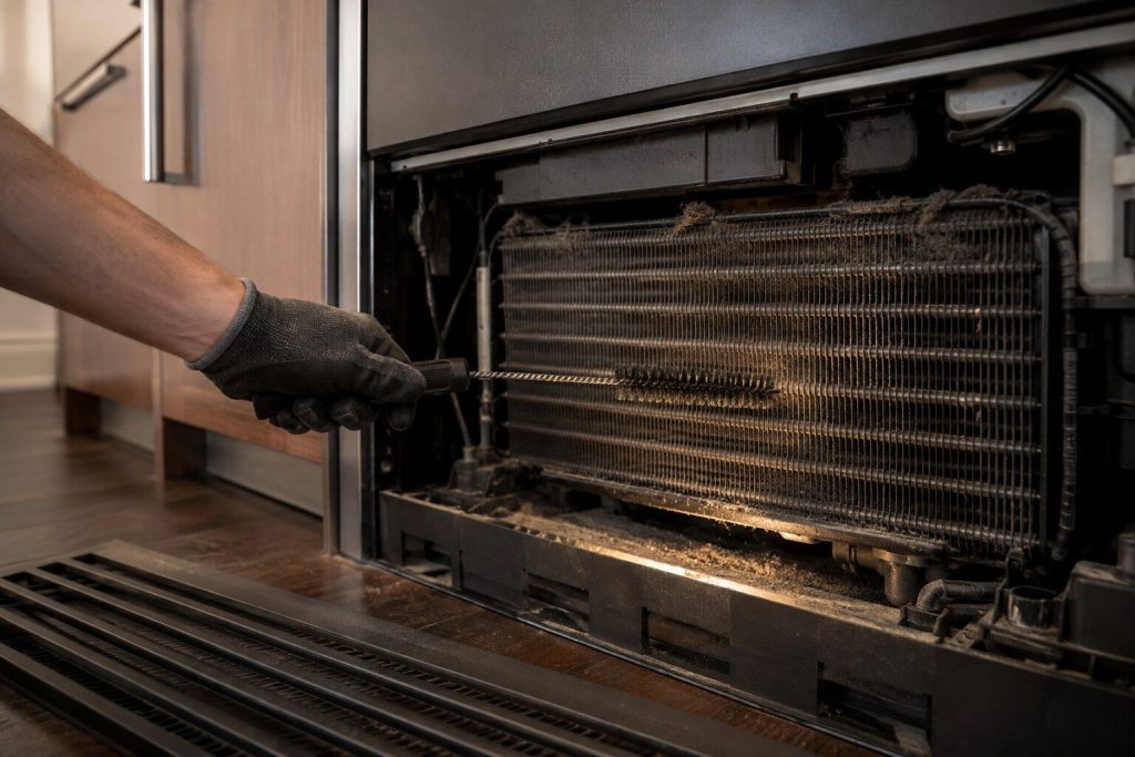 A gloved hand drawing a long narrow brush across a dusty condenser coil in the machinery compartment of a built-in refrigerator, the grille panel set aside, warm torchlight and visible dust.