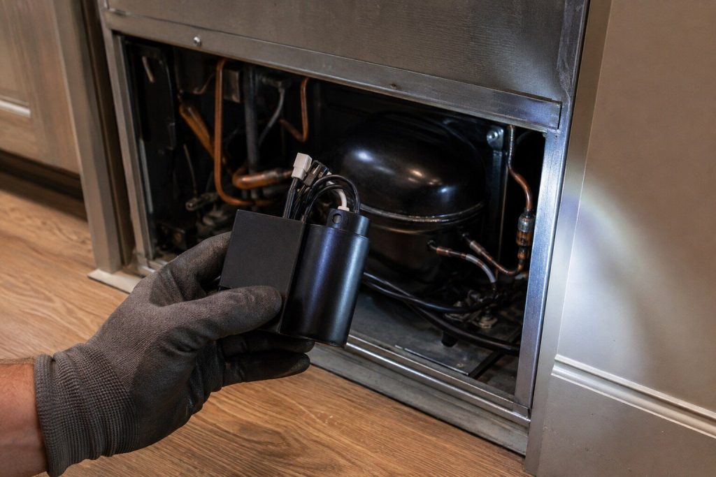 A gloved hand holding a small black relay and capacitor pack clear of the compressor bay of a built-in refrigerator, the dark machinery and copper pipework behind it, a torch beam across the metal.