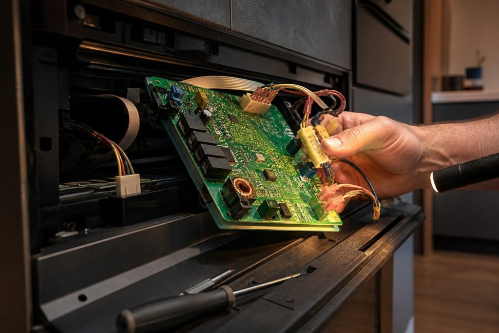 A close view of a green electronic control board lifted partly out of an appliance fascia with several ribbon and spade connectors still attached, warm torchlight, shallow depth of field.