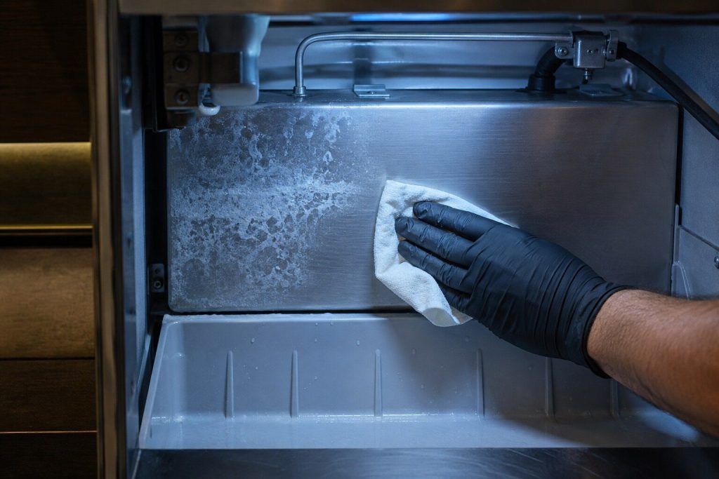 A gloved hand wiping the stainless evaporator plate inside an undercounter ice machine, white scale visible on the metal where the cloth has not yet reached.