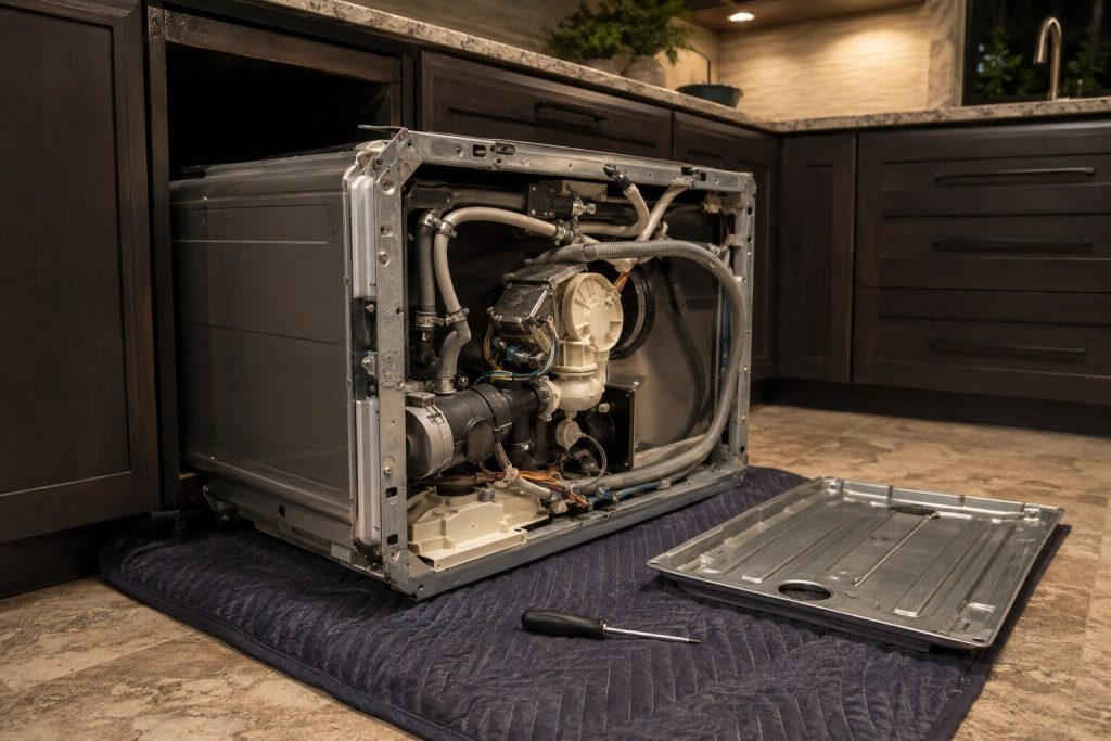 A dishwasher drawn forward out of a dark cabinet run onto a protective blanket, laid on its back with the base panel off, showing the pump and hoses underneath.