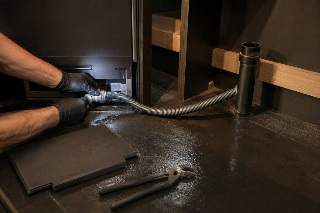 A flexible drain line running from the back of an undercounter appliance across a dark cabinet base toward a standpipe, seen low with a torch beam on it.