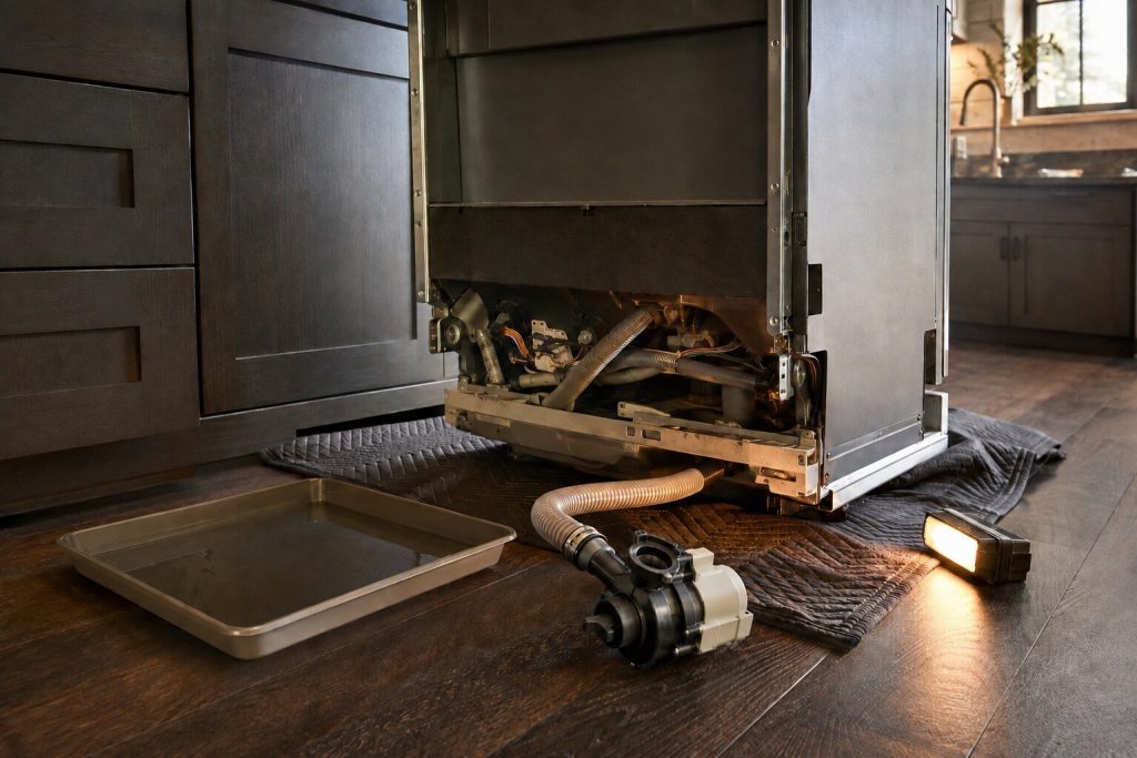 The drain pump and its ribbed hose reached from underneath a built-in dishwasher eased forward onto a protective blanket, a shallow tray of water on the floor beside it and a low work light.