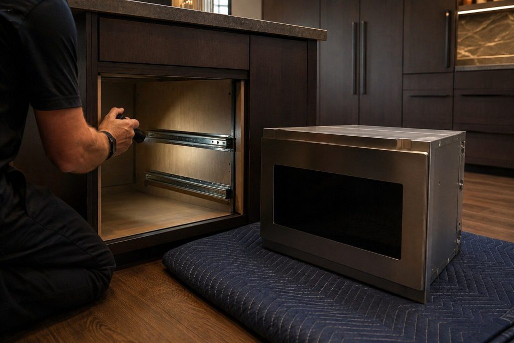A microwave drawer drawn right out of its housing and standing on a padded blanket on the floor beside the island, the two steel runner rails left bare in the empty opening under the stone worktop, a torch beam along them.