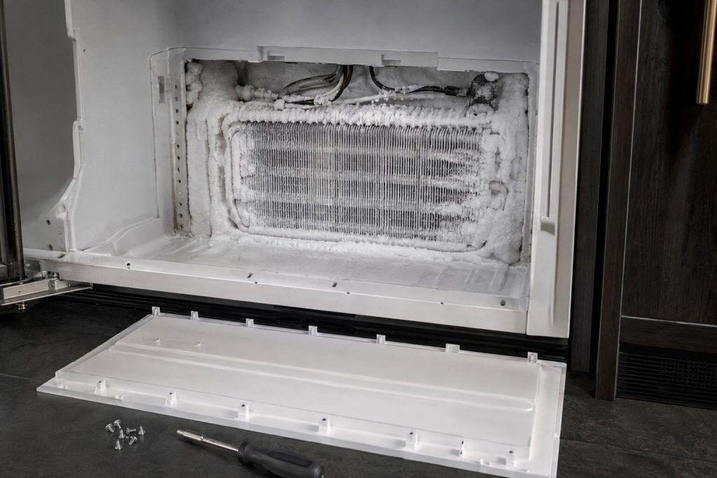 A close view of an evaporator coil packed with white frost behind a removed back panel inside a freezer compartment, cold light on the ice, the panel and its screws set aside.