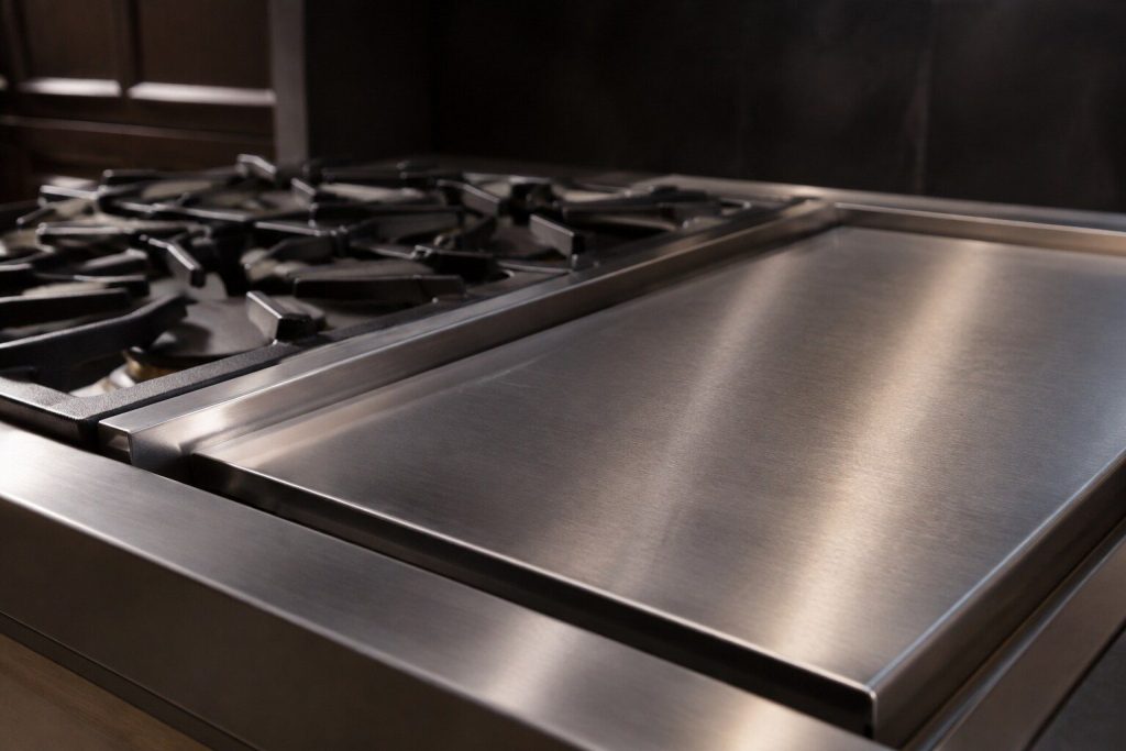 A smooth steel griddle plate set into the right-hand section of a professional range, seen close along its surface with the burner grates of the adjoining section behind it.