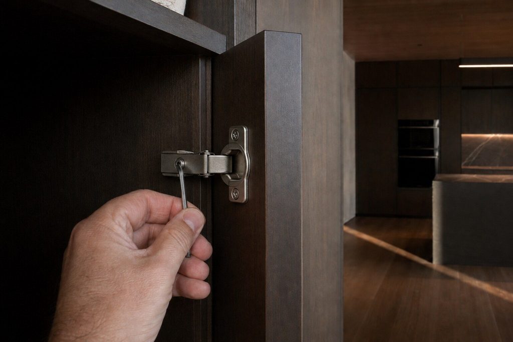 A hand holding a hex key to the concealed hinge inside the open edge of a tall panel-ready cabinet door, the door held ajar, warm low light raking along the metal.