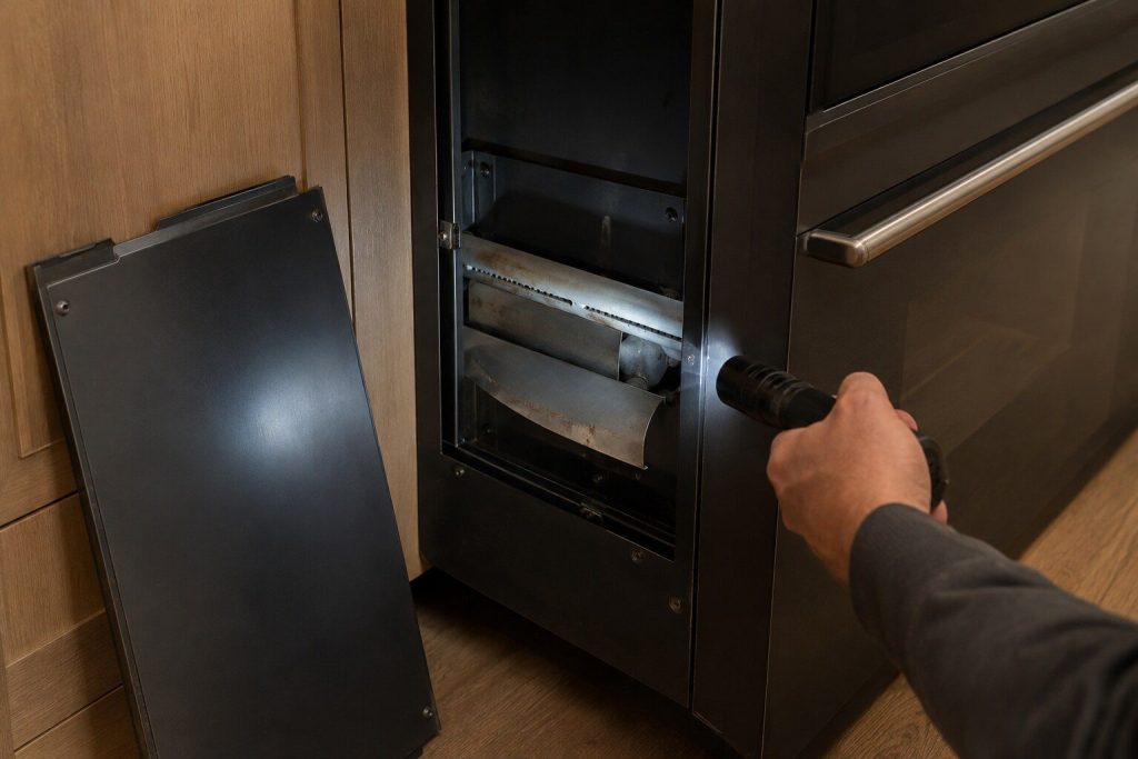 The side panel of a built-in hearth oven removed and leaning against the cabinetry, the gas burner tube and its heat shield exposed in the dark recess, a torch beam across the metal.