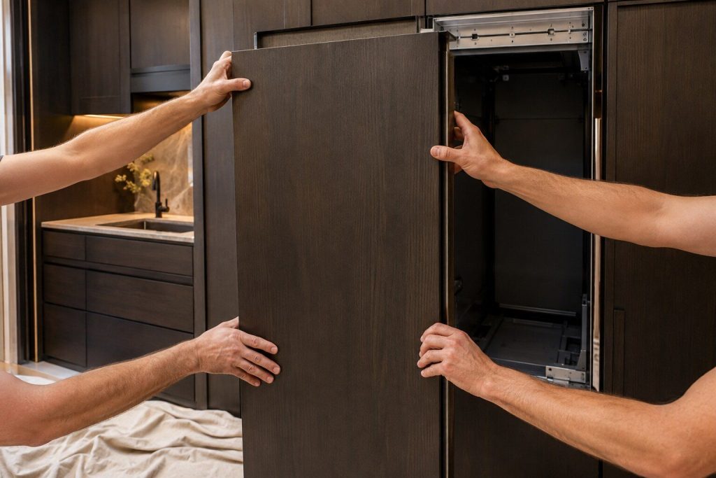 Two pairs of hands lifting a tall plain cabinet panel toward the open front of a built-in appliance opening, the panel held vertical, dust sheets on the floor.