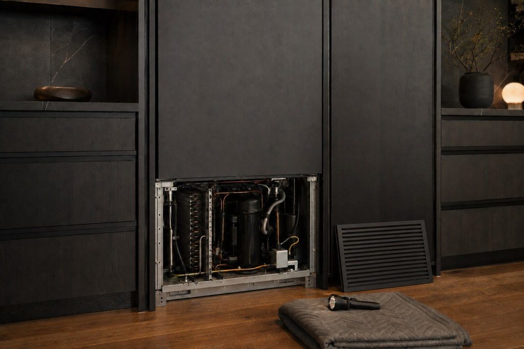 A tall integrated refrigeration column with its lower front grille panel removed and leaning against the cabinetry, the machinery compartment open behind it, a torch lying on a folded blanket on the floor.