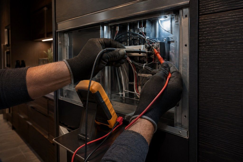 Gloved hands holding a multimeter's probes against two terminals inside the opened service compartment of a built-in appliance, warm torchlight on the metal, dark kitchen behind.