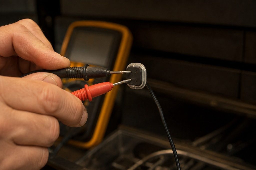 A meter probe held against the two pins of a small temperature sensor lifted out of an appliance on its wire, close and shallow, warm light.