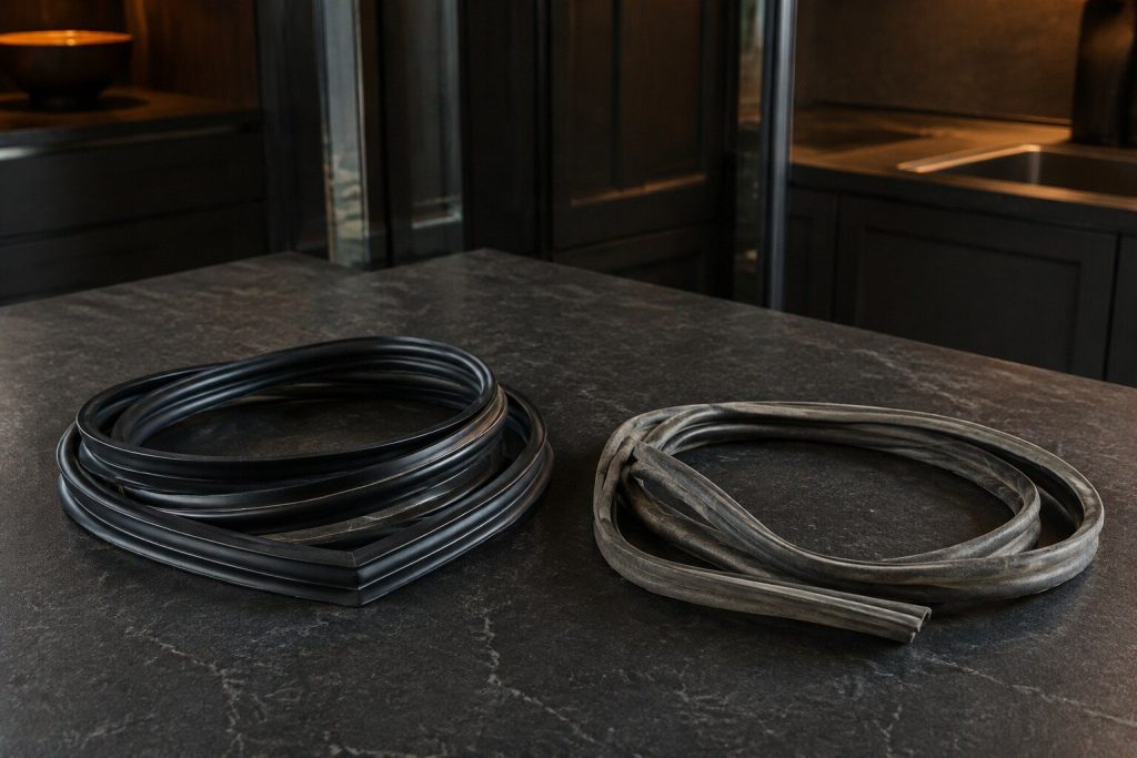 A new flexible door gasket lying coiled on a dark stone worktop, its magnetic strip catching the light, the old one folded dull and grey beside it.