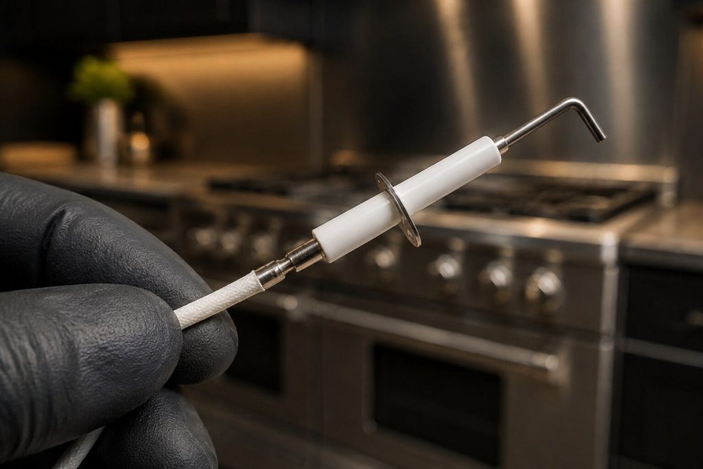 Gloved fingers holding a new ceramic spark electrode by its wire tail, filling the frame in sharp focus, a professional stainless cooking surface far out of focus behind.