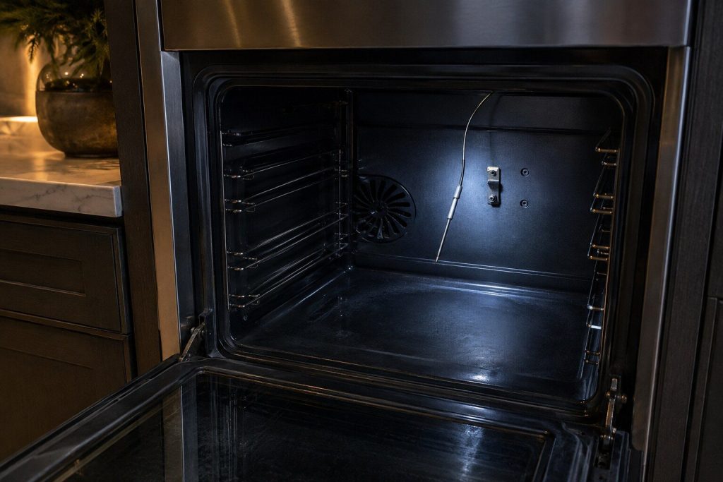 A slim metal temperature probe unclipped from the rear wall of a cold oven cavity and hanging on its wire, the empty mounting bracket and two screw holes beside it, seen through the open door.
