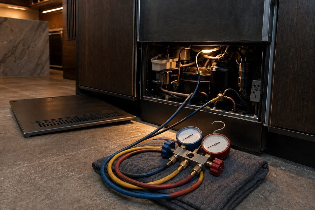A refrigeration gauge manifold with two round dials and colored hoses resting on a folded cloth beside an opened appliance compartment, warm torchlight.