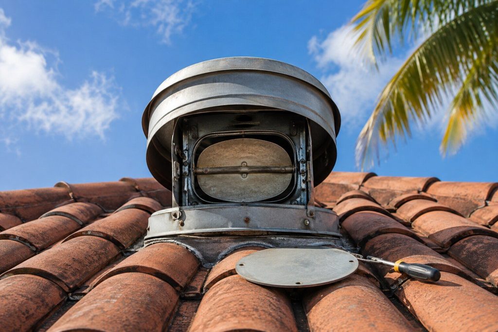 A metal ventilation cap on a barrel-tiled roof seen from below against a bright South Florida sky, its damper flap closed, palm fronds at the edge of frame.