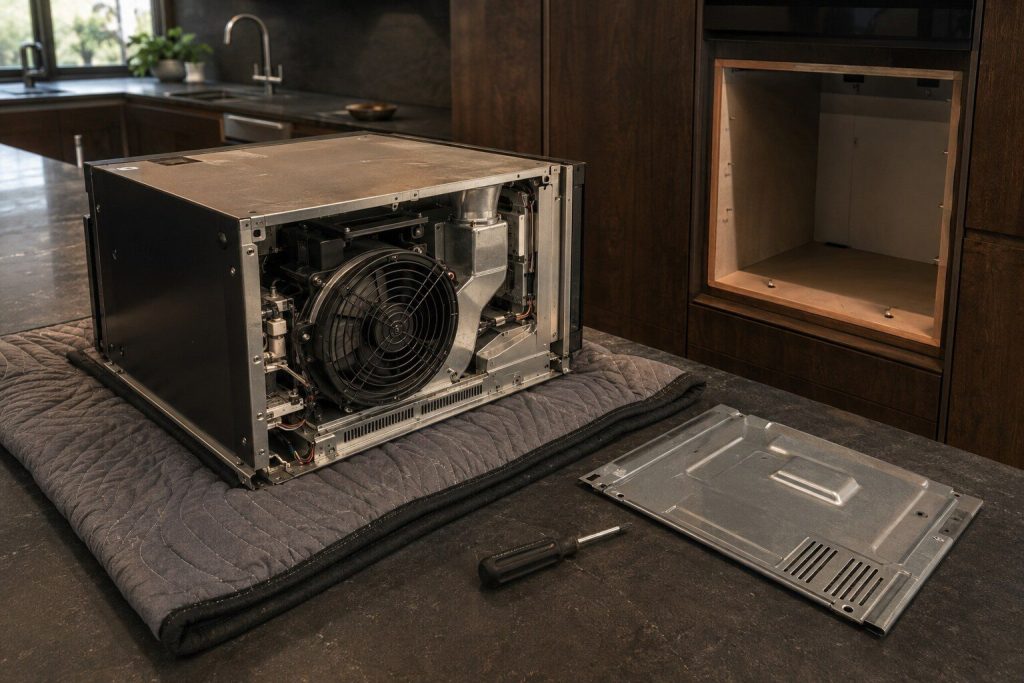 A compact speed oven lifted clear of its cabinet opening and resting on a padded blanket on a dark worktop, its rear cover off and the cooling fan and duct exposed, a nut driver lying beside it.