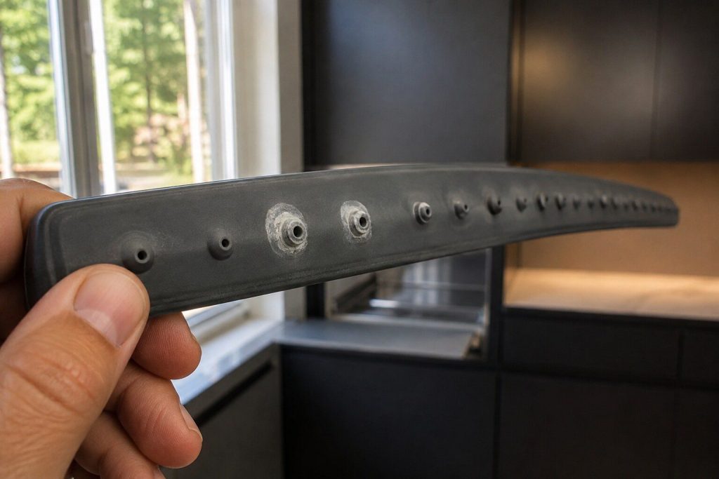 A dishwasher spray arm held up to a window, seen along its length so the row of small jets is backlit, white scale visible around two of them.
