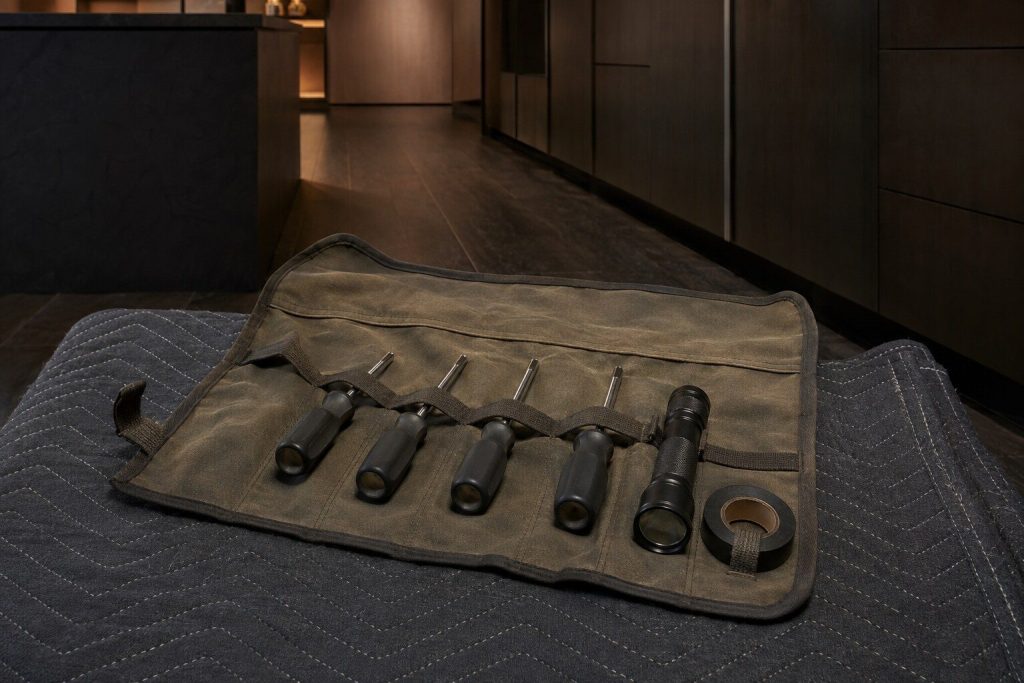 An open canvas tool roll laid out on a padded blanket on a dark kitchen floor, nut drivers, a torch and a coil of tape held in its loops, warm low evening light.