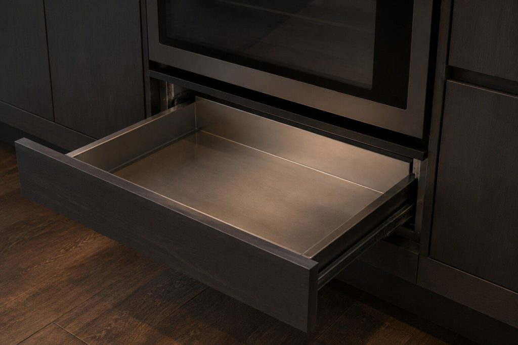 A warming drawer pulled fully open below a built-in oven in a dark kitchen, empty, the smooth interior pan catching warm light.
