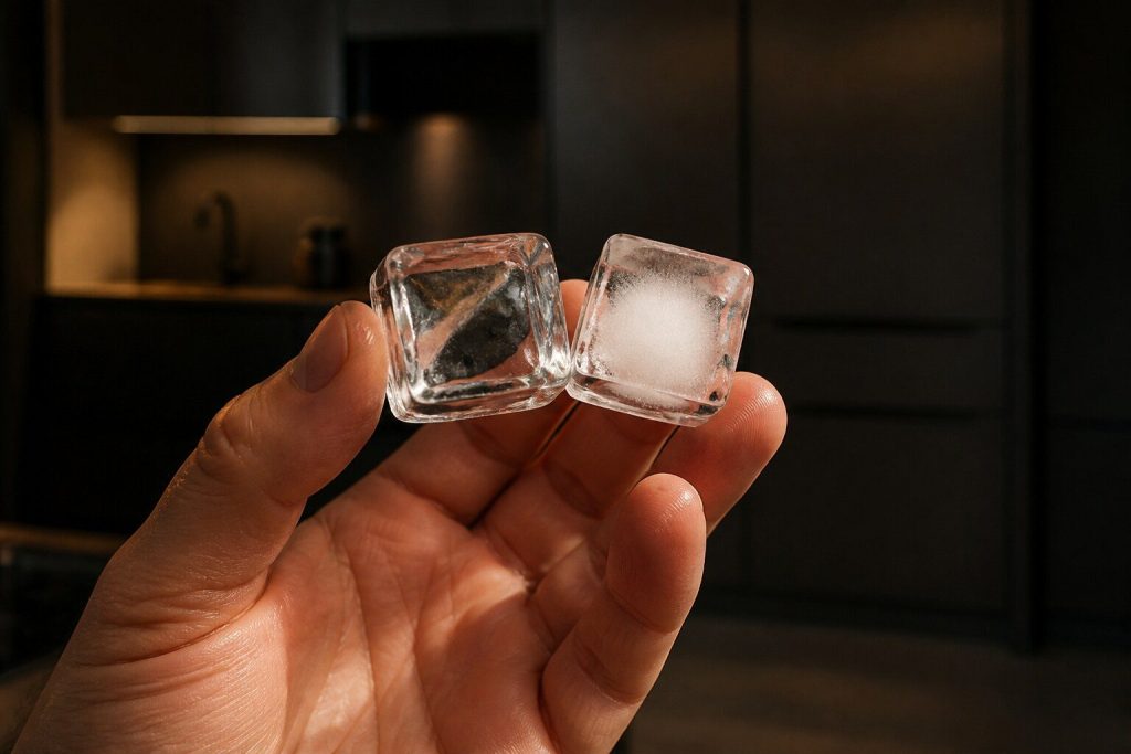 A hand holding two square domestic ice cubes up against a dark kitchen background, one clear and one with a white cloudy core, seen close with warm light raking across them.