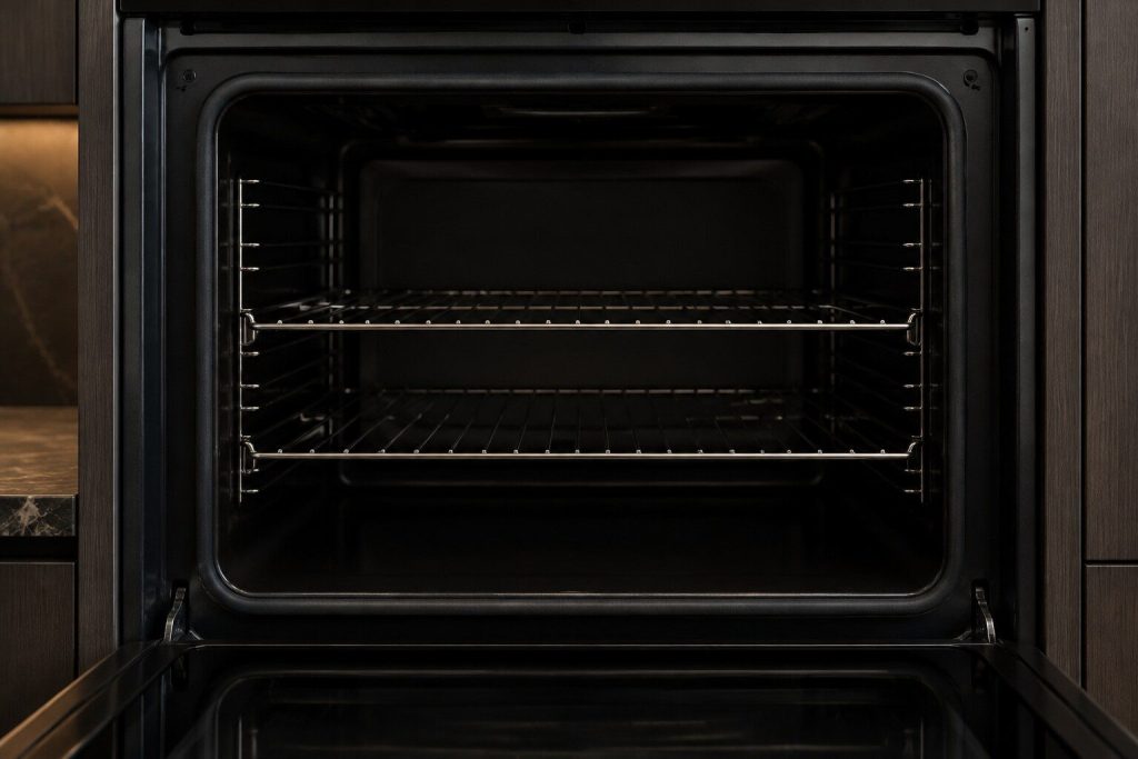 The open cavity of a built-in wall oven, empty, with two wire racks in place, seen straight on.