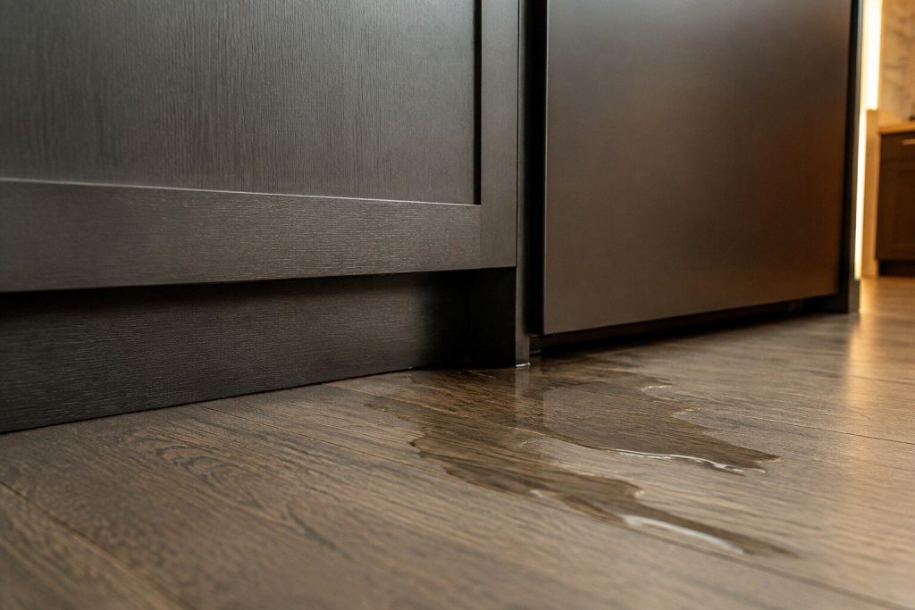 A close low view of the plinth and the base of a dark kitchen cabinet next to an integrated appliance, with a dark damp patch spreading across the floor from underneath.