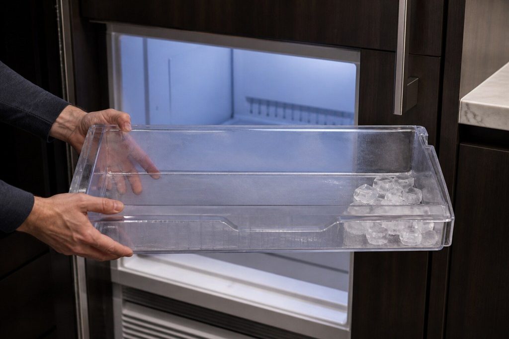 An empty plastic ice bin pulled out of a freezer compartment and held level, a few loose cubes in one corner, cold light on the moulded plastic.