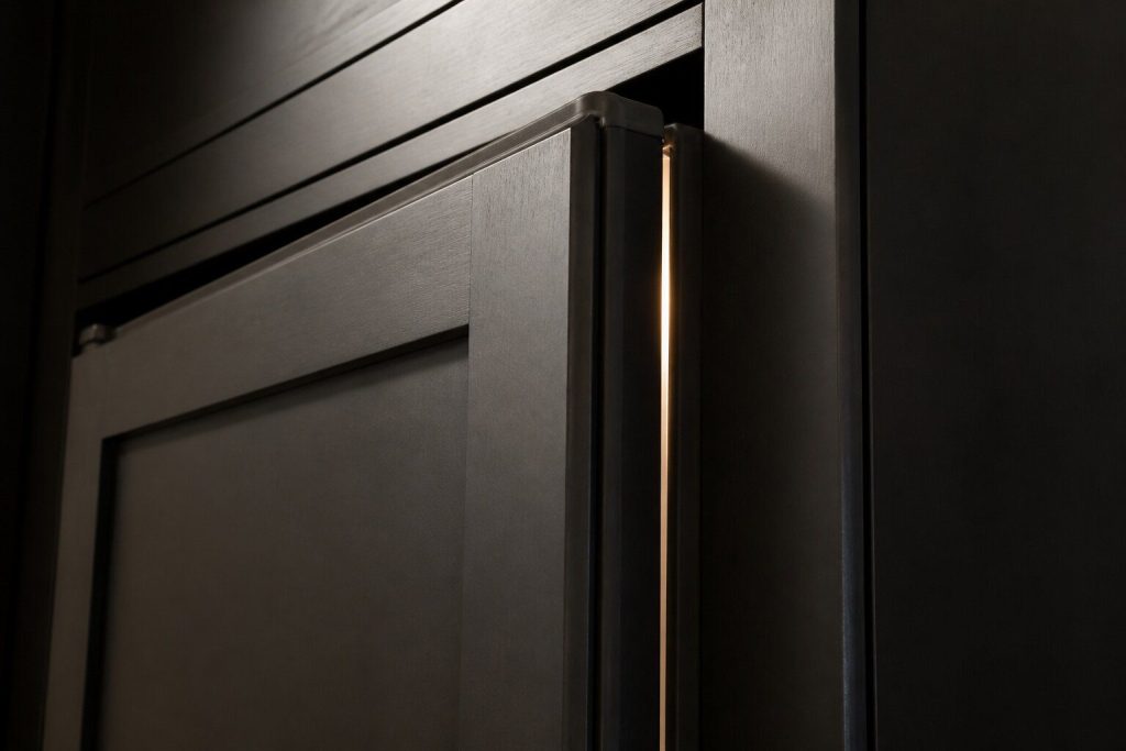 A close view along the closed edge of a large refrigerator door in a dark kitchen where a thin line of light escapes between the gasket and the cabinet near the top corner.