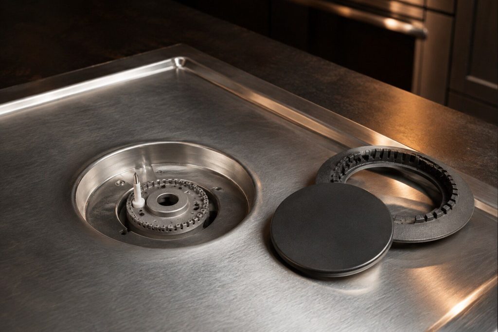 A close view of one sealed gas burner on a professional stainless cooking surface with its cap and ring lifted off and set beside it, showing the ports and the igniter electrode.